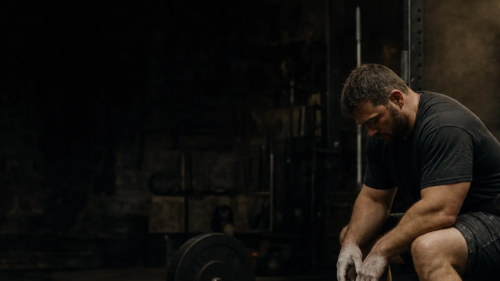 A lifter sits on a bench between sets in a dim gym, chalked hands hanging, looking down.